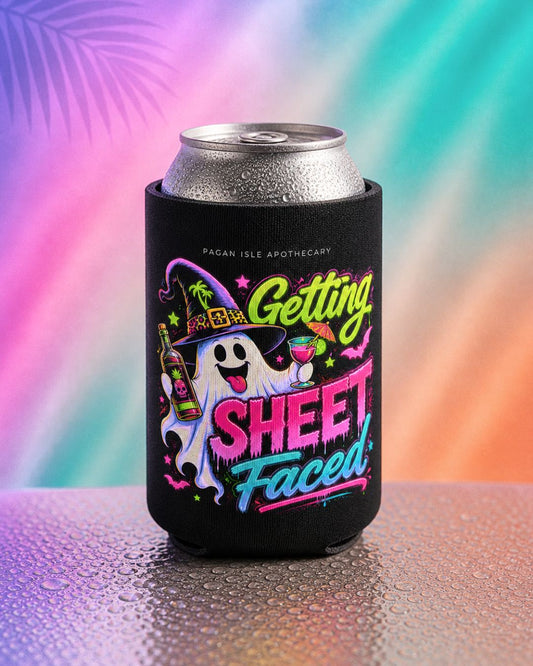 Halloween koozie with ghost drinking cocktail and “Getting Sheet Faced” text on beer can cooler, spooky summer vibe