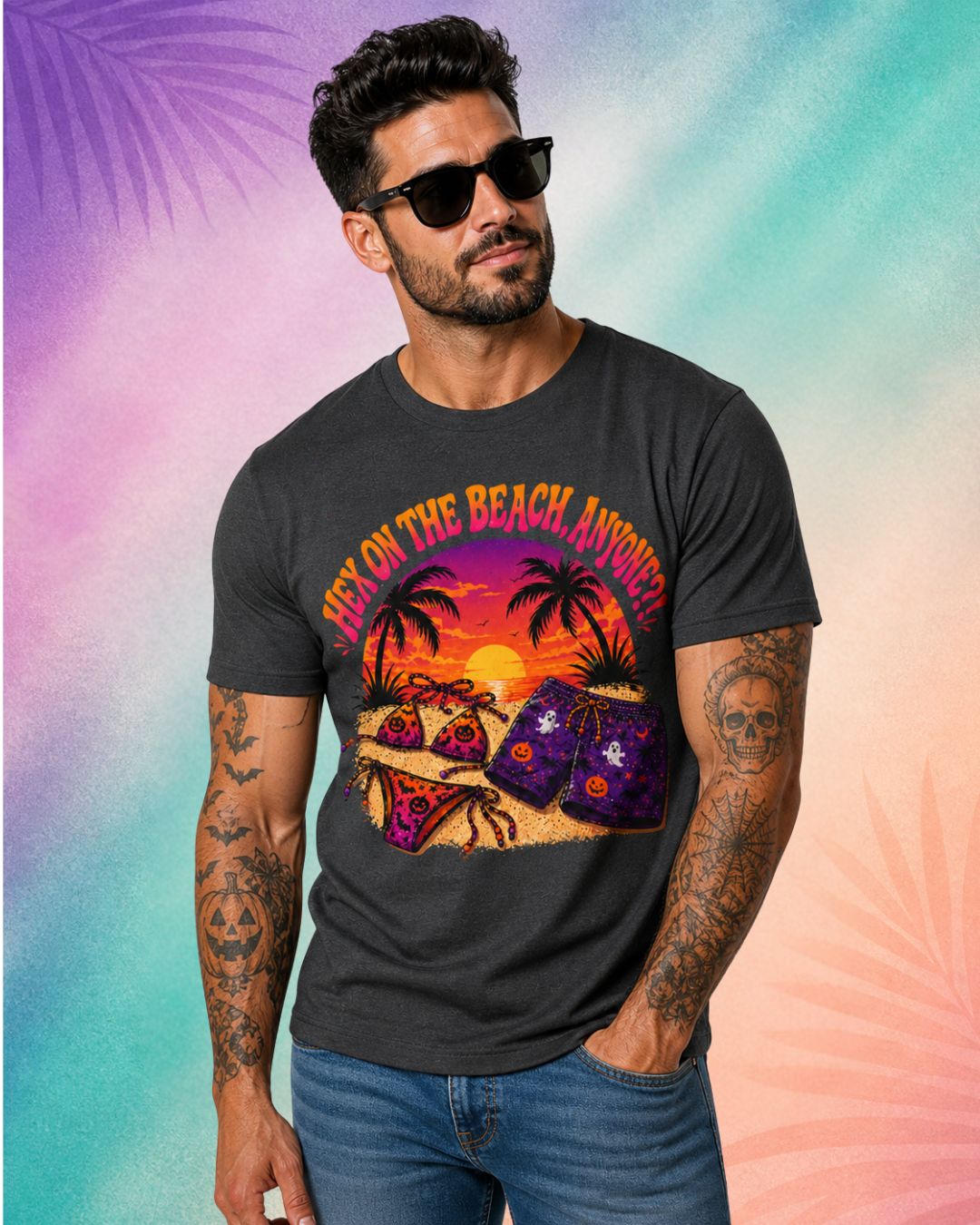 male model wearing hex on the beach summerween shirt funny halloween shirt sayings tropical halloween beach design