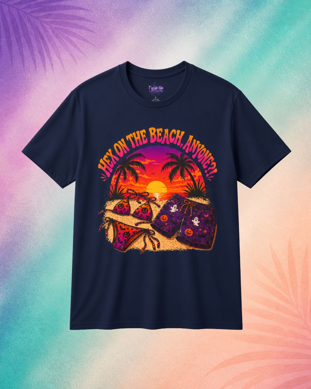 navy hex on the beach summerween shirt funny halloween shirts for guys tropical spooky beach sunset design