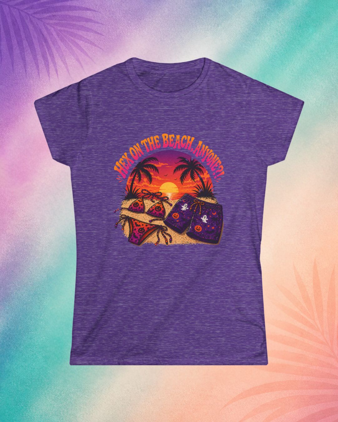 Purple summerween shirt with hex on the beach graphic cute spooky beach outfit idea for women