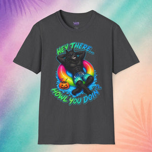charcoal hey there howl you doin summerween shirt spooky t shirt funny halloween shirts for guys werewolf pool float design