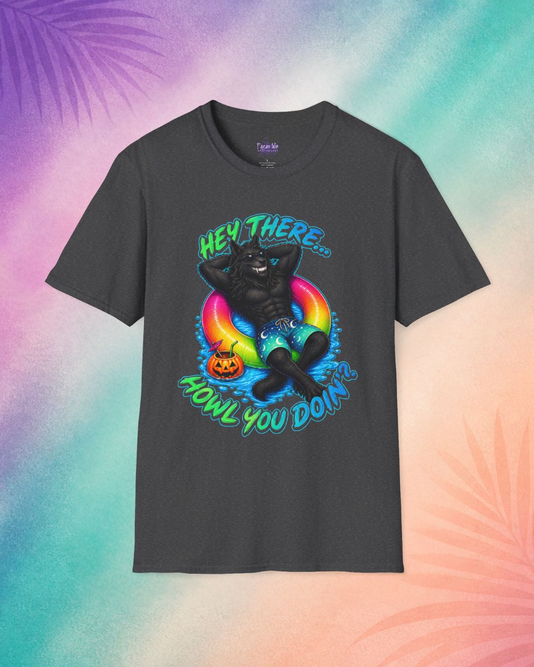 charcoal hey there howl you doin summerween shirt spooky t shirt funny halloween shirts for guys werewolf pool float design