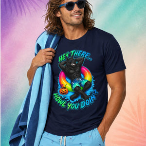 male model wearing hey there howl you doin summerween shirt funny halloween shirts for guys werewolf pool float spooky summer design