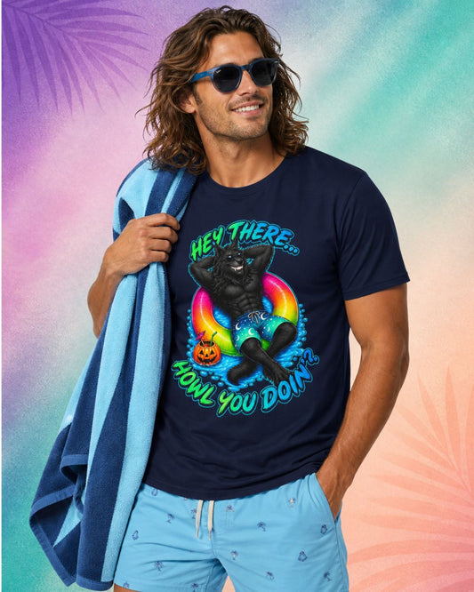 male model wearing hey there howl you doin summerween shirt funny halloween shirts for guys werewolf pool float spooky summer design