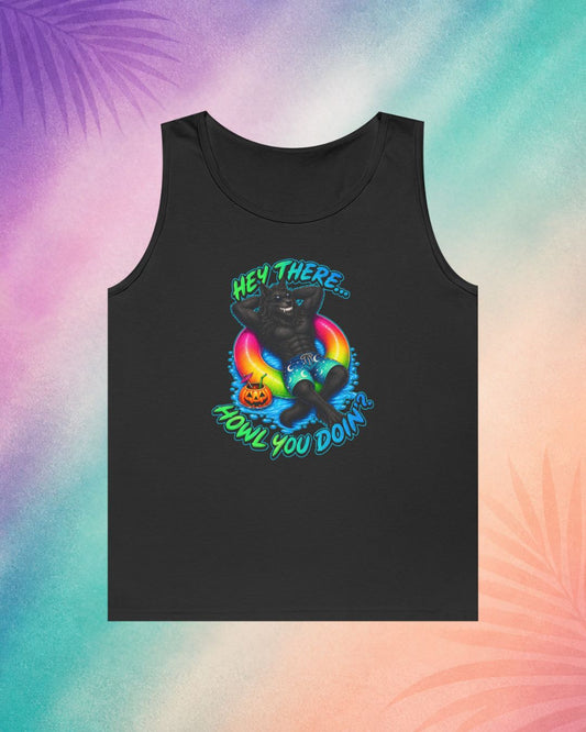 black hey there howl you doin summerween tank top funny halloween shirts for adults werewolf pool float spooky summer outfit
