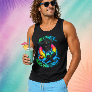 male model wearing hey there howl you doin summerween tank funny halloween shirts for guys werewolf pool float tropical spooky design