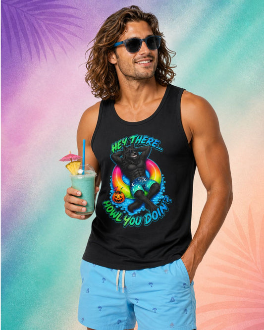 male model wearing hey there howl you doin summerween tank funny halloween shirts for guys werewolf pool float tropical spooky design