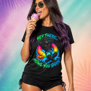 Funny summerween shirt for women with werewolf pool float design “Hey There Howl You Doin” spooky cute Halloween shirt