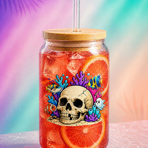Iced coffee glass cup with skull coral design, summerween aesthetic 16 oz glass tumbler with straw and citrus drink