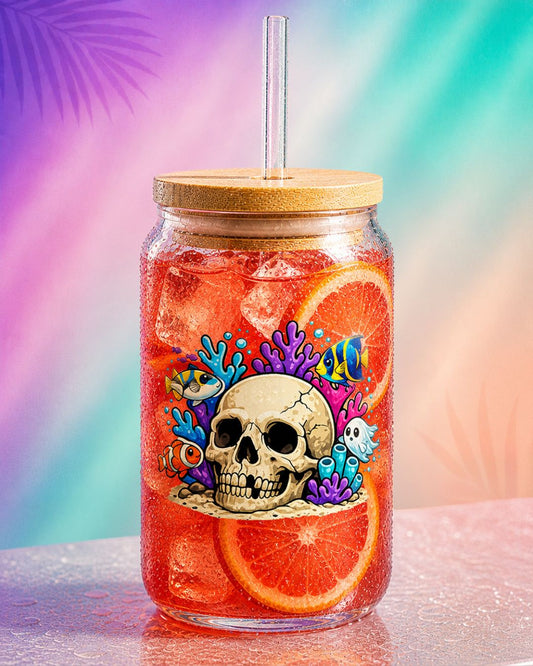 Iced coffee glass cup with skull coral design, summerween aesthetic 16 oz glass tumbler with straw and citrus drink