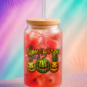 Iced coffee glass cup with summerween fruit jack o lantern design, 16 oz glass tumbler with straw and watermelon drink