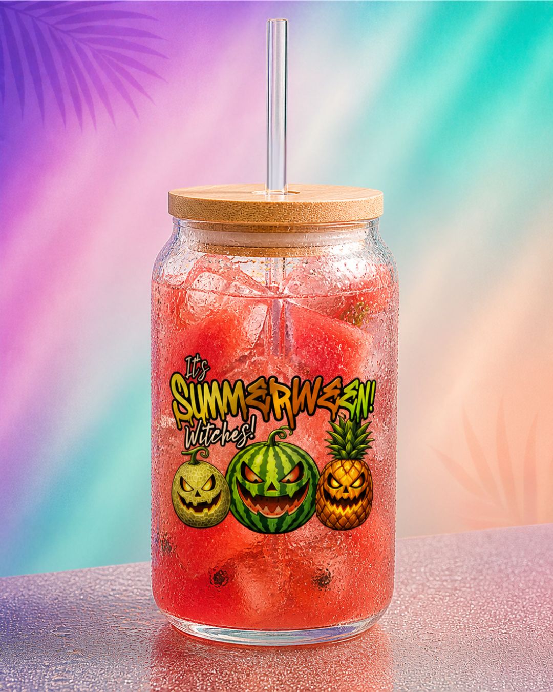 Iced coffee glass cup with summerween fruit jack o lantern design, 16 oz glass tumbler with straw and watermelon drink