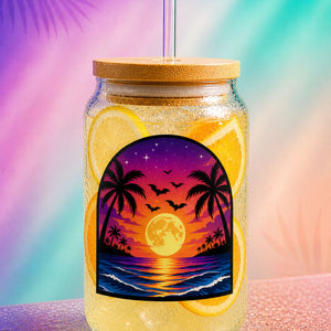 16 oz glass tumbler with straw featuring sunset palm design, iced coffee glass cup with lemon slices, summerween aesthetic