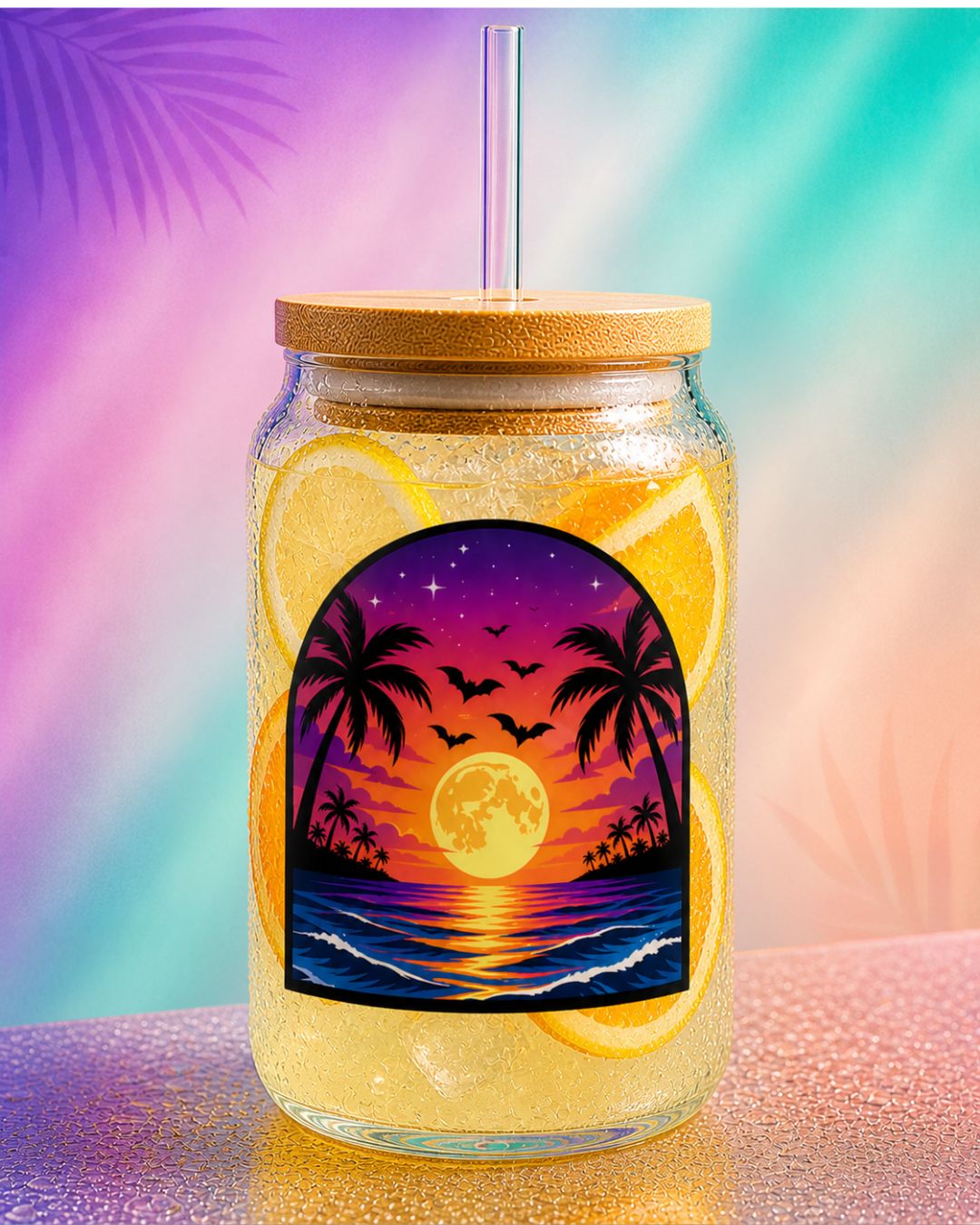 16 oz glass tumbler with straw featuring sunset palm design, iced coffee glass cup with lemon slices, summerween aesthetic