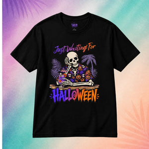 just waiting for halloween summerween shirt black t shirt funny halloween shirt sayings skeleton drinking tropical spooky design