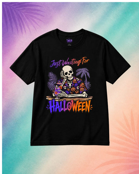 just waiting for halloween summerween shirt black t shirt funny halloween shirt sayings skeleton drinking tropical spooky design