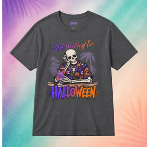charcoal just waiting for halloween summerween shirt funny halloween shirts for adults skeleton bar tropical spooky design