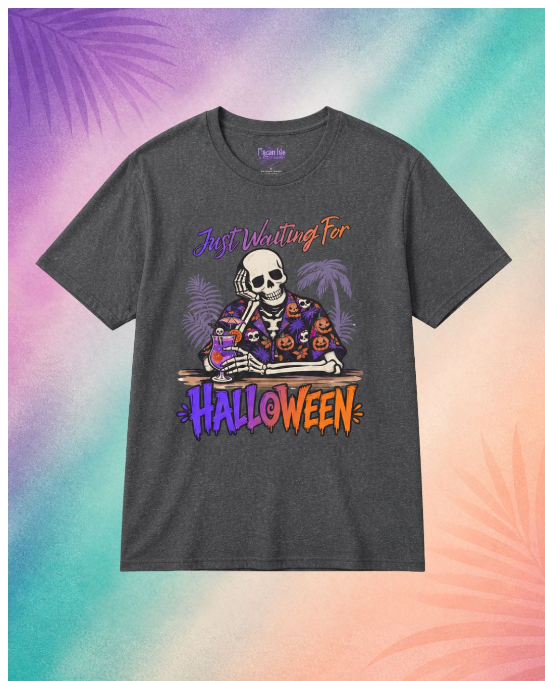 charcoal just waiting for halloween summerween shirt funny halloween shirts for adults skeleton bar tropical spooky design