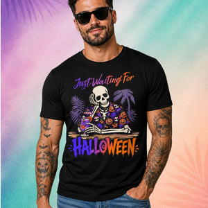 male model wearing just waiting for halloween summerween shirt funny halloween shirts for adults skeleton tropical bar design