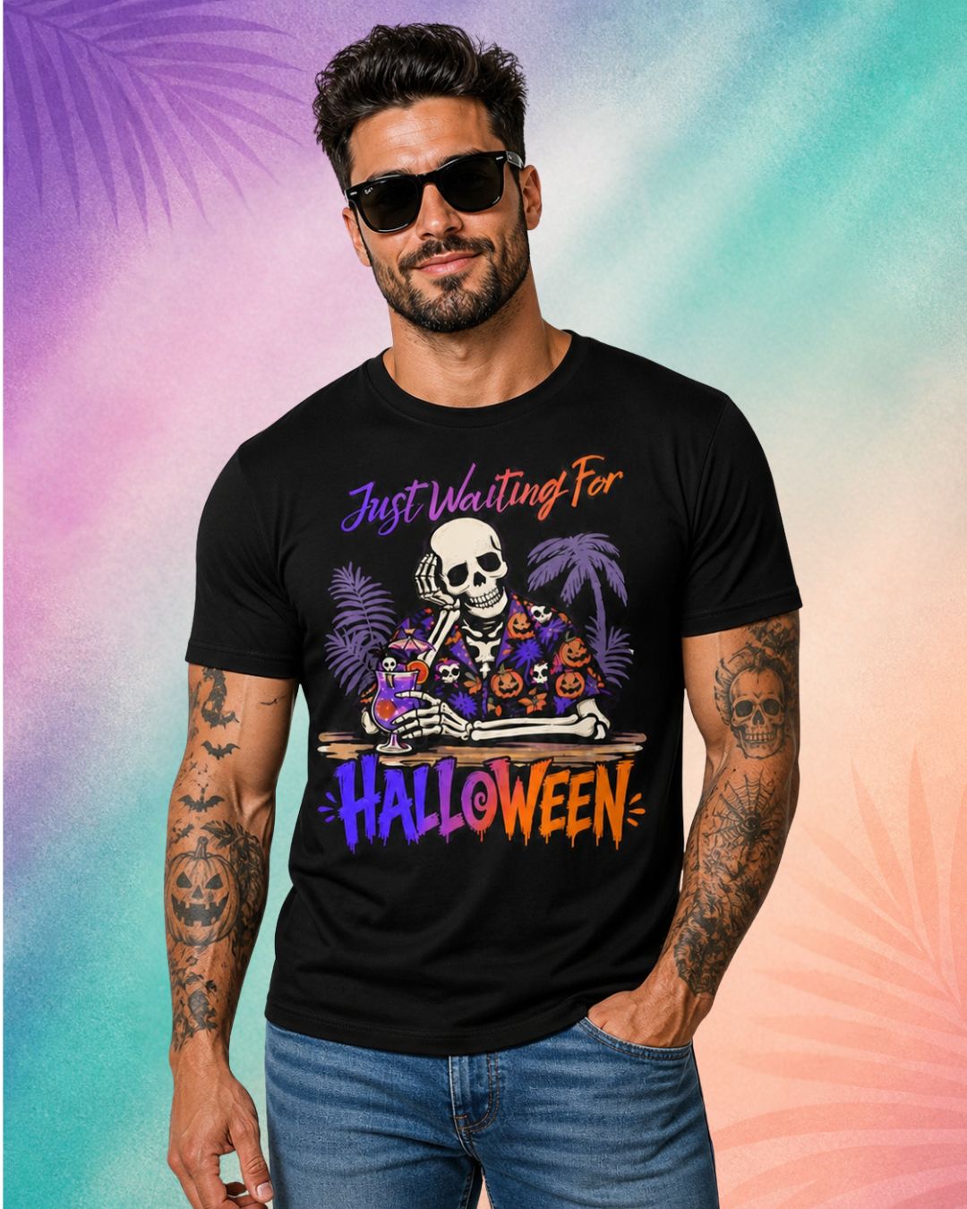 male model wearing just waiting for halloween summerween shirt funny halloween shirts for adults skeleton tropical bar design