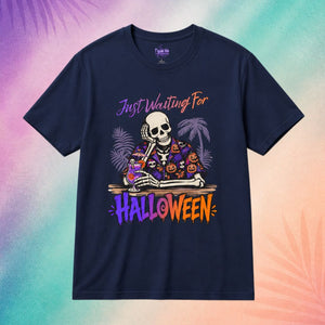 navy just waiting for halloween summerween shirt funny halloween shirt sayings skeleton tropical halloween beach bar design