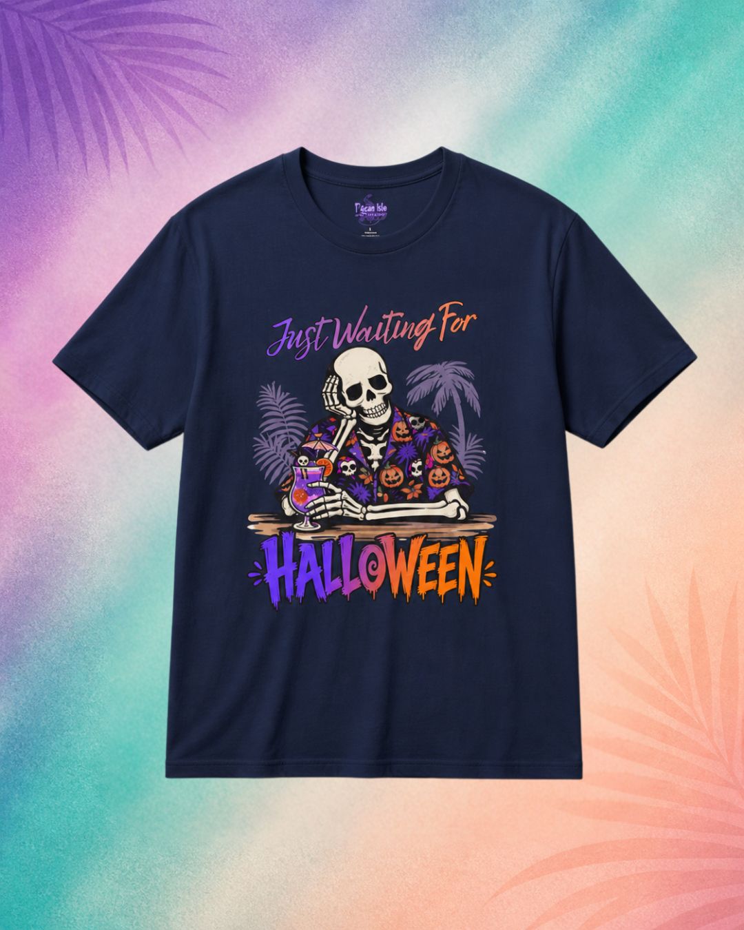 navy just waiting for halloween summerween shirt funny halloween shirt sayings skeleton tropical halloween beach bar design