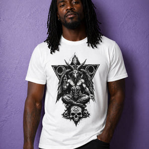 Male model wearing white baphomet shirt with satanic art design, occult apparel graphic tee styled for dark aesthetic fashion