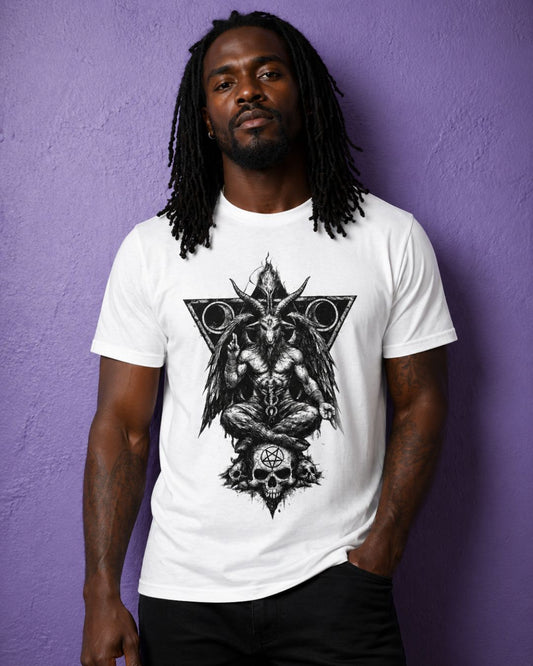 Male model wearing white baphomet shirt with satanic art design, occult apparel graphic tee styled for dark aesthetic fashion