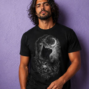 Male model wearing black cat t shirt with gothic moon design, witchy clothing and spooky aesthetic outfit