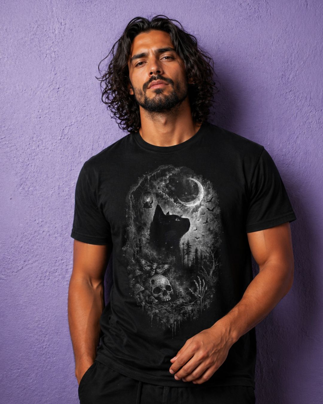 Male model wearing black cat t shirt with gothic moon design, witchy clothing and spooky aesthetic outfit