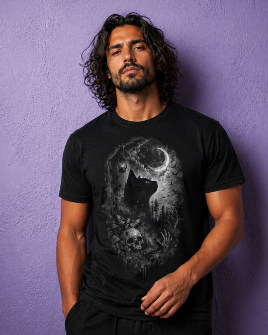 Male model wearing black cat t shirt with gothic moon design, witchy clothing and spooky aesthetic outfit
