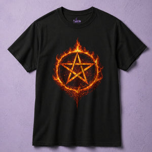 Mens gothic pentagram t shirt with fire sigil design on black tee, occult graphic apparel for dark aesthetic clothing