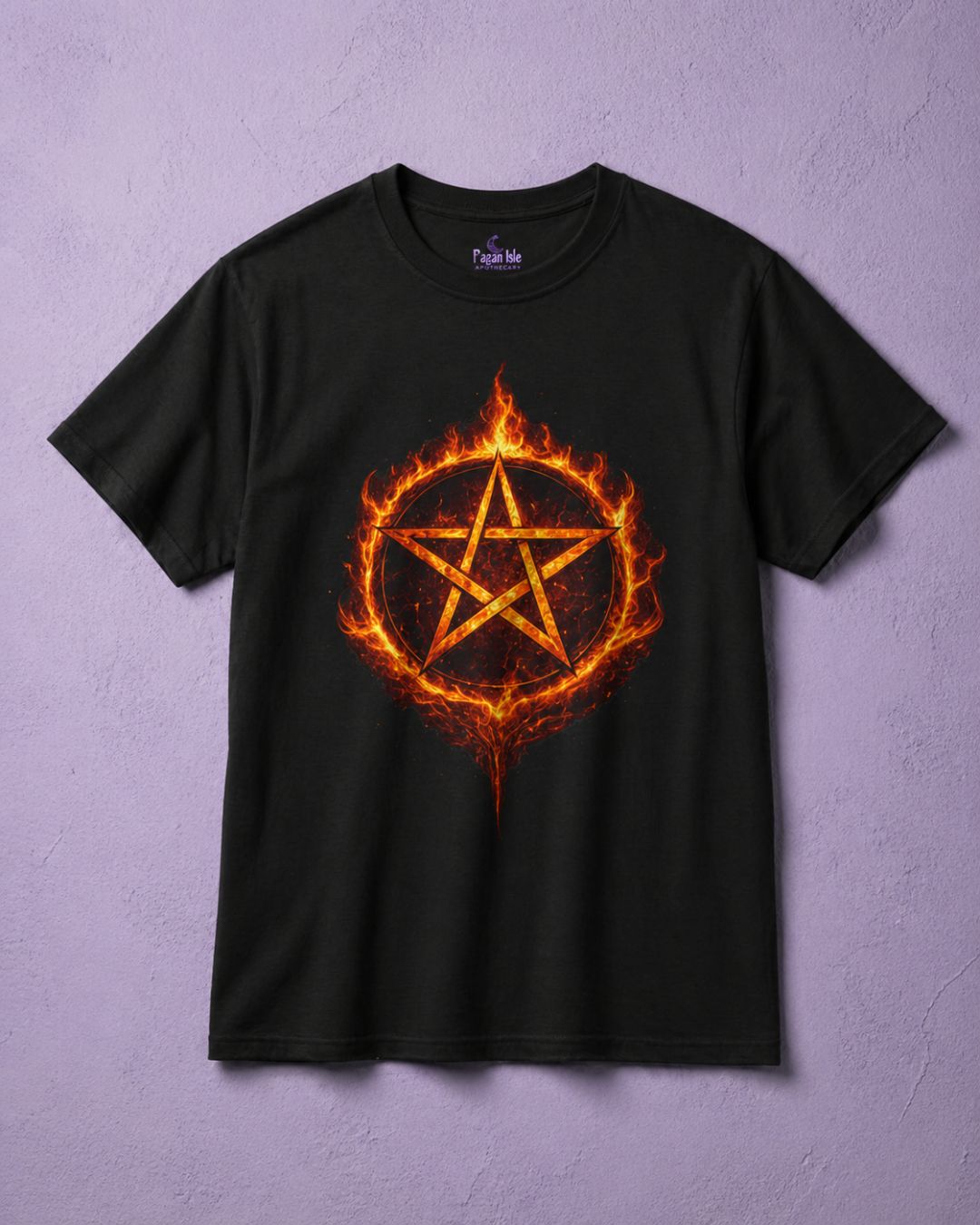 Mens gothic pentagram t shirt with fire sigil design on black tee, occult graphic apparel for dark aesthetic clothing