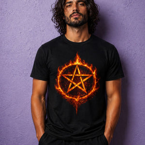 Male model wearing black pentagram t shirt with fiery fire sigil design, gothic occult graphic tee styled for dark aesthetic fashion