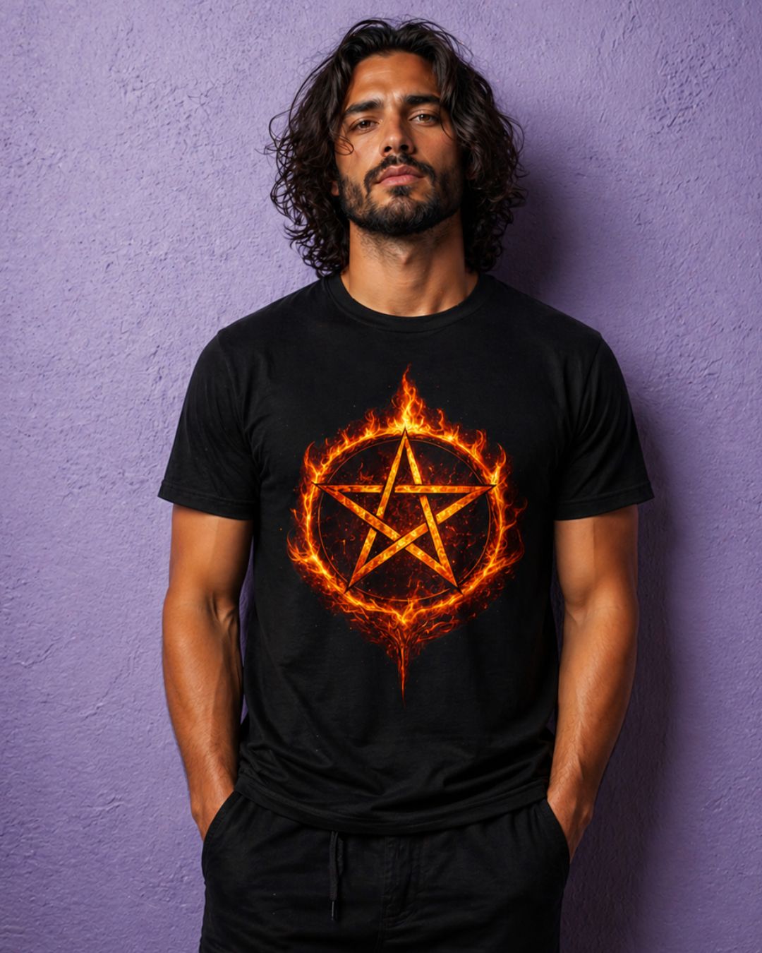 Male model wearing black pentagram t shirt with fiery fire sigil design, gothic occult graphic tee styled for dark aesthetic fashion