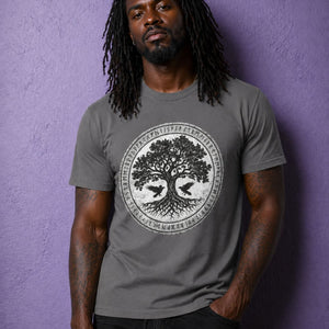 Male model wearing grey tree of life shirt with norse rune design, pagan clothing and viking aesthetic outfit