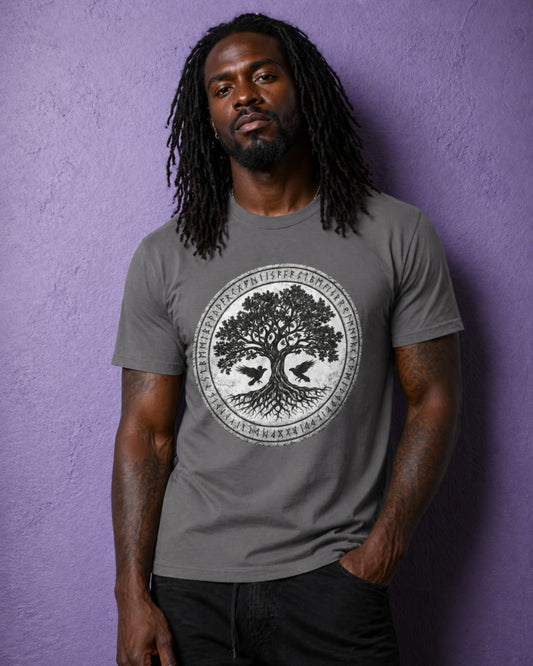Male model wearing grey tree of life shirt with norse rune design, pagan clothing and viking aesthetic outfit
