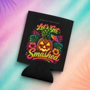 Summerween aesthetic drink koozie with pineapple jack o lantern design, halloween koozie for spooky summer parties