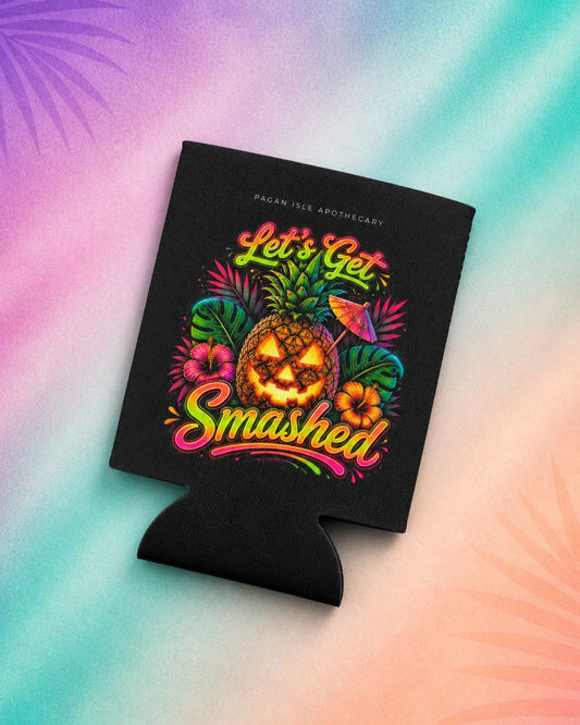 Summerween aesthetic drink koozie with pineapple jack o lantern design, halloween koozie for spooky summer parties