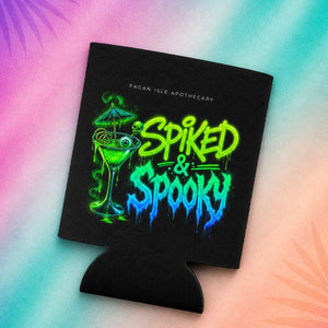 Summerween aesthetic drink koozie with spooky cocktail and neon green “Spiked and Spooky” text, halloween koozie design