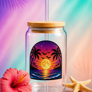 Summerween aesthetic glass tumbler with straw featuring sunset palm tree design, 16 oz glass sipper cup