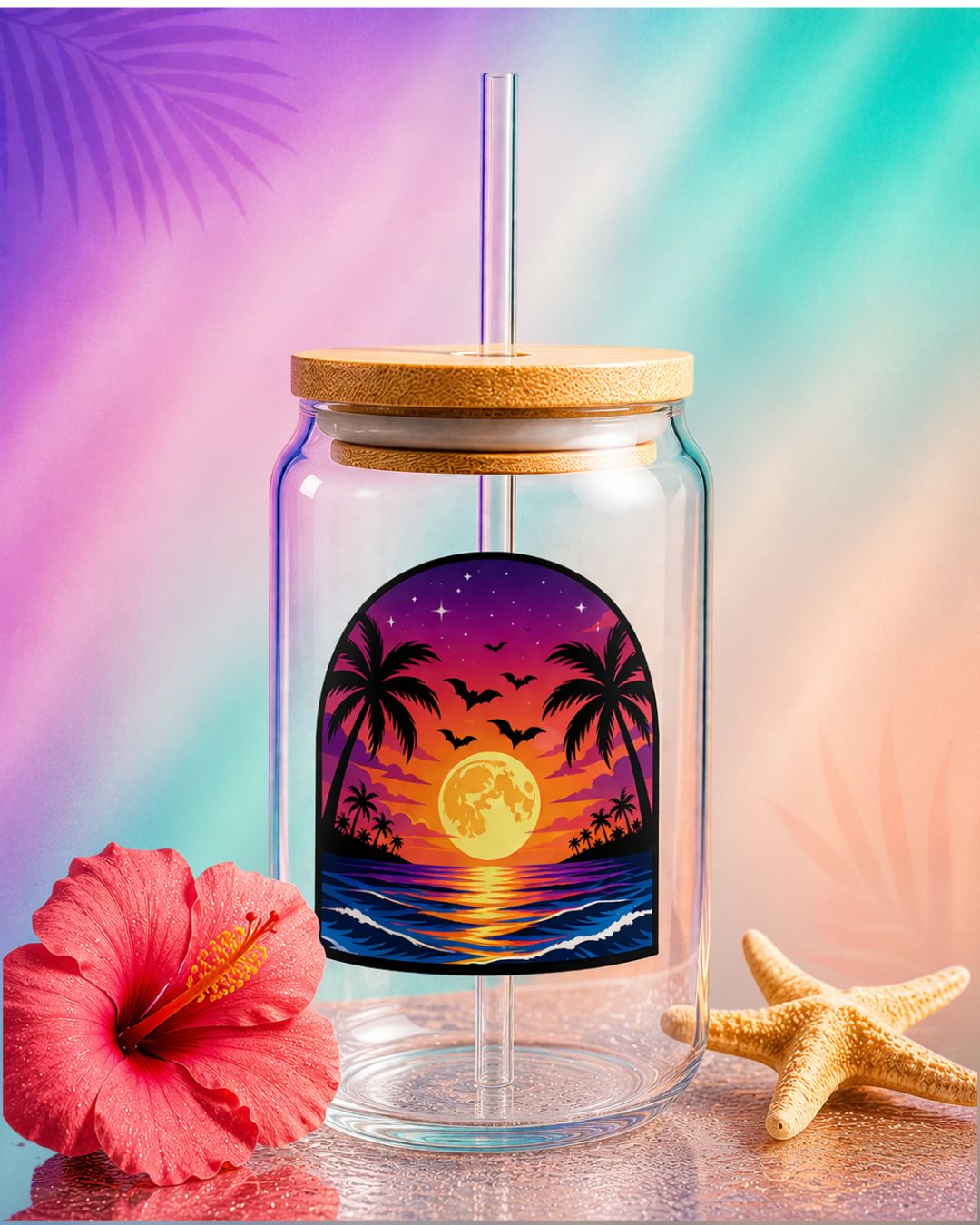 Summerween aesthetic glass tumbler with straw featuring sunset palm tree design, 16 oz glass sipper cup