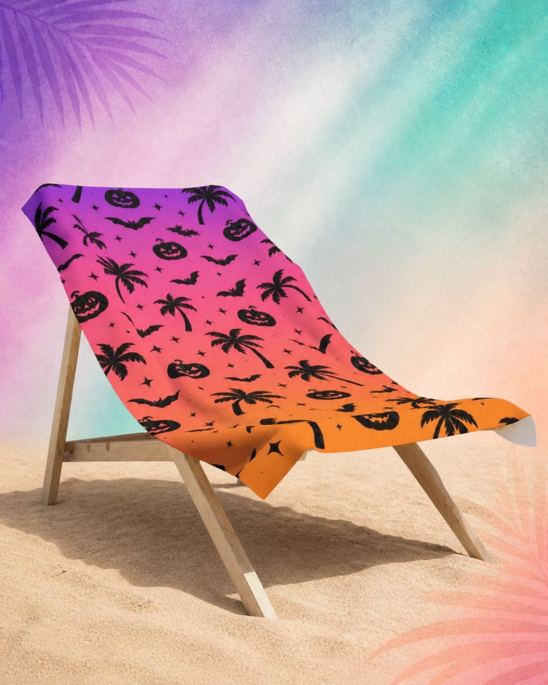 Summerween beach towel draped over beach chair with palm tree and pumpkin pattern, spooky summer beach aesthetic
