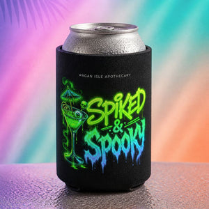 Summerween beer can cooler with “Spiked and Spooky” neon cocktail design, halloween koozie for spooky summer drinks
