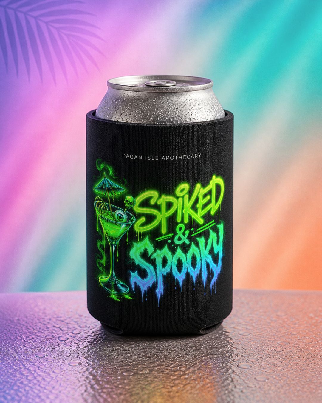 Summerween beer can cooler with “Spiked and Spooky” neon cocktail design, halloween koozie for spooky summer drinks