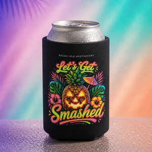 Summerween beer koozie with “Let’s Get Smashed” pineapple jack o lantern design on beer can cooler, spooky summer aesthetic