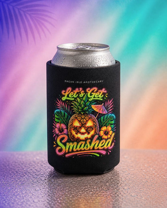 Summerween beer koozie with “Let’s Get Smashed” pineapple jack o lantern design on beer can cooler, spooky summer aesthetic