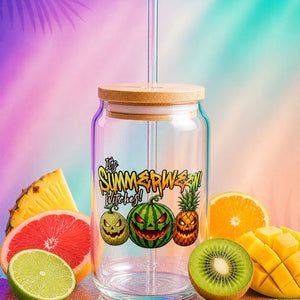 Summerween glass sipper cup with fruit jack o lantern design, 16 oz glass tumbler with straw, spooky summer aesthetic