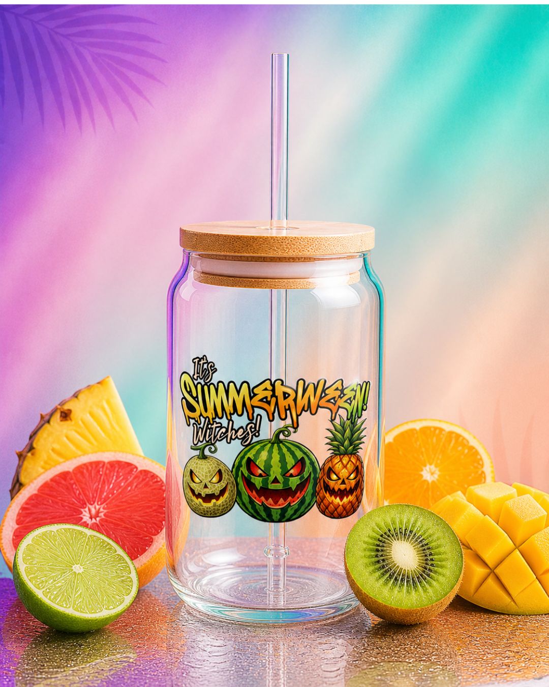 Summerween glass sipper cup with fruit jack o lantern design, 16 oz glass tumbler with straw, spooky summer aesthetic