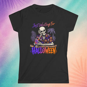 Black Summerween shirt with skeleton cocktail design and “Just Waiting for Halloween” text funny Halloween shirt for adults